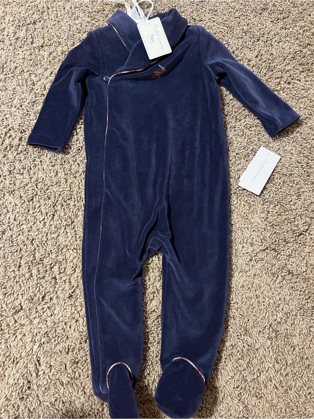 Ralph Lauren Navy Velour Footed One-Piece